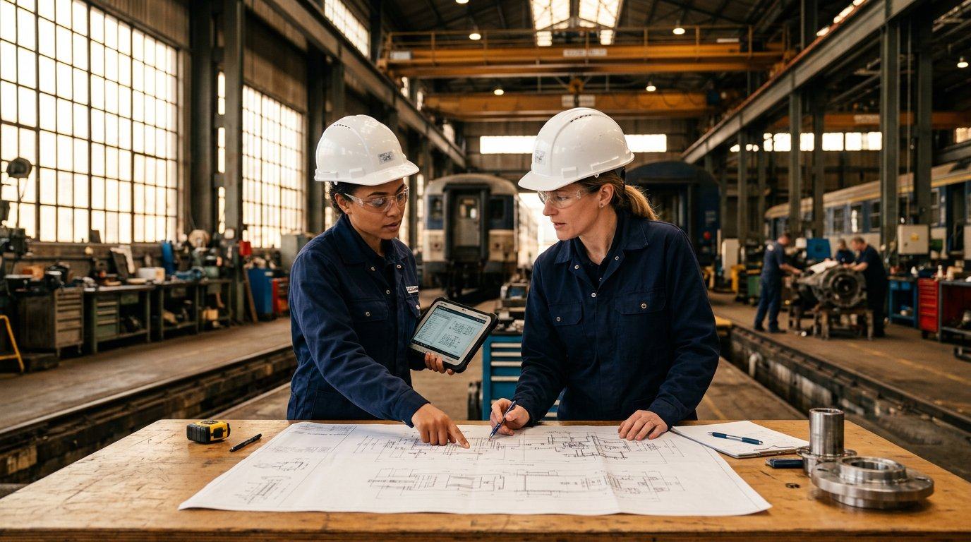 KesoCare engineers reviewing technical drawings at a railway workshop